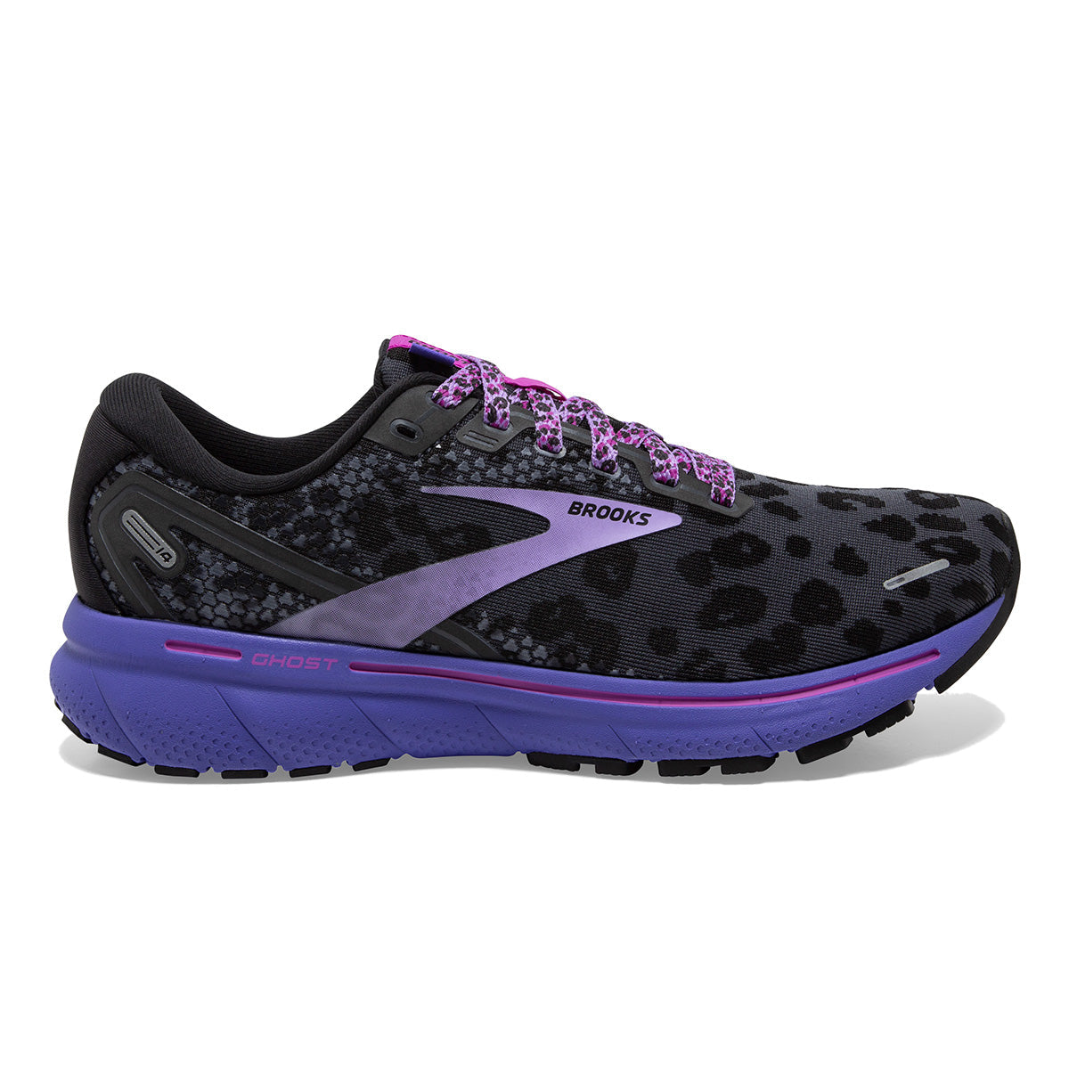 Brooks Ghost 14 Run Wild — Ebony - Black - Purple — Size B — Width 10.5 — Detail View