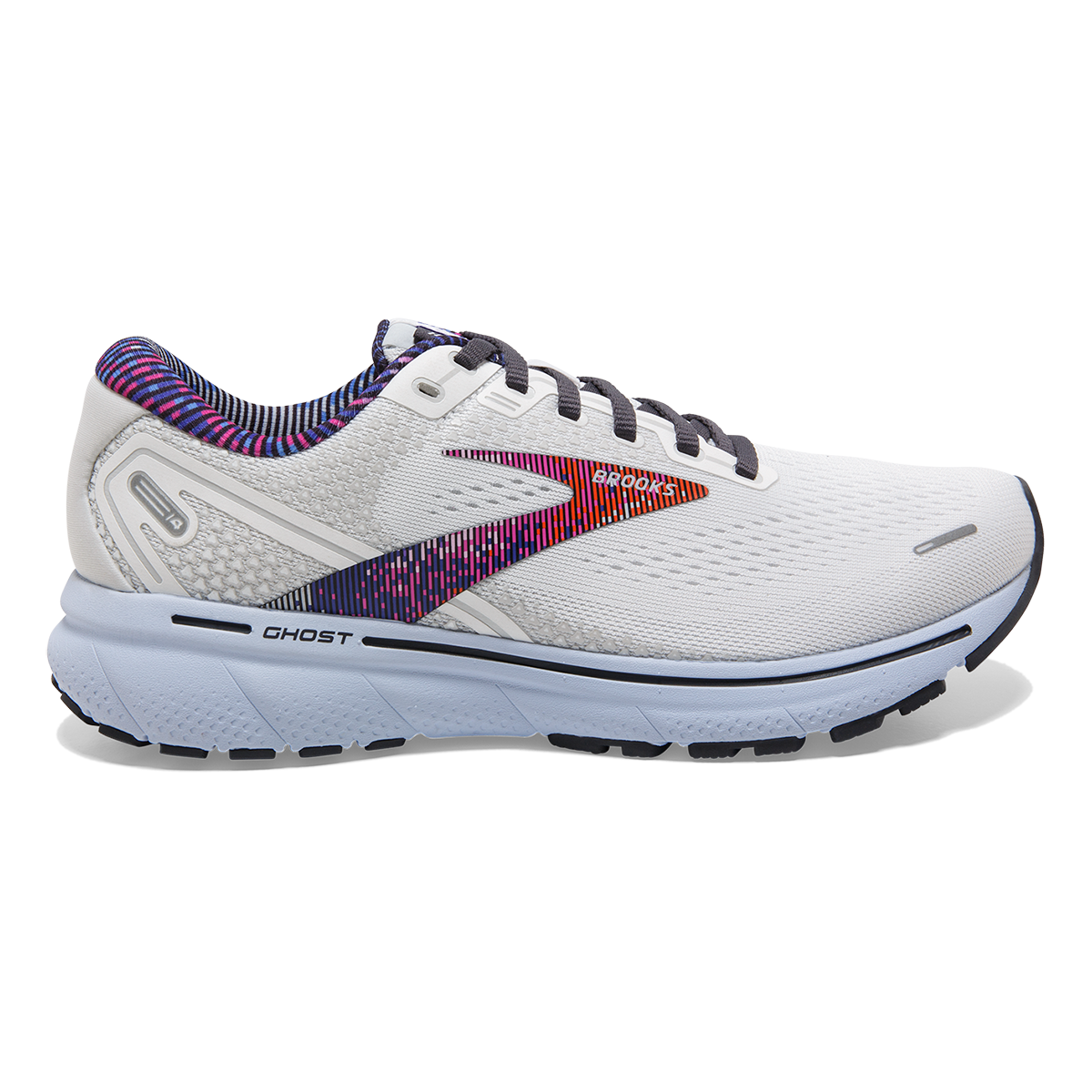 Brooks Ghost 14 Pixel — White - Heather - Ebony — Size B — Width 11 — Front View