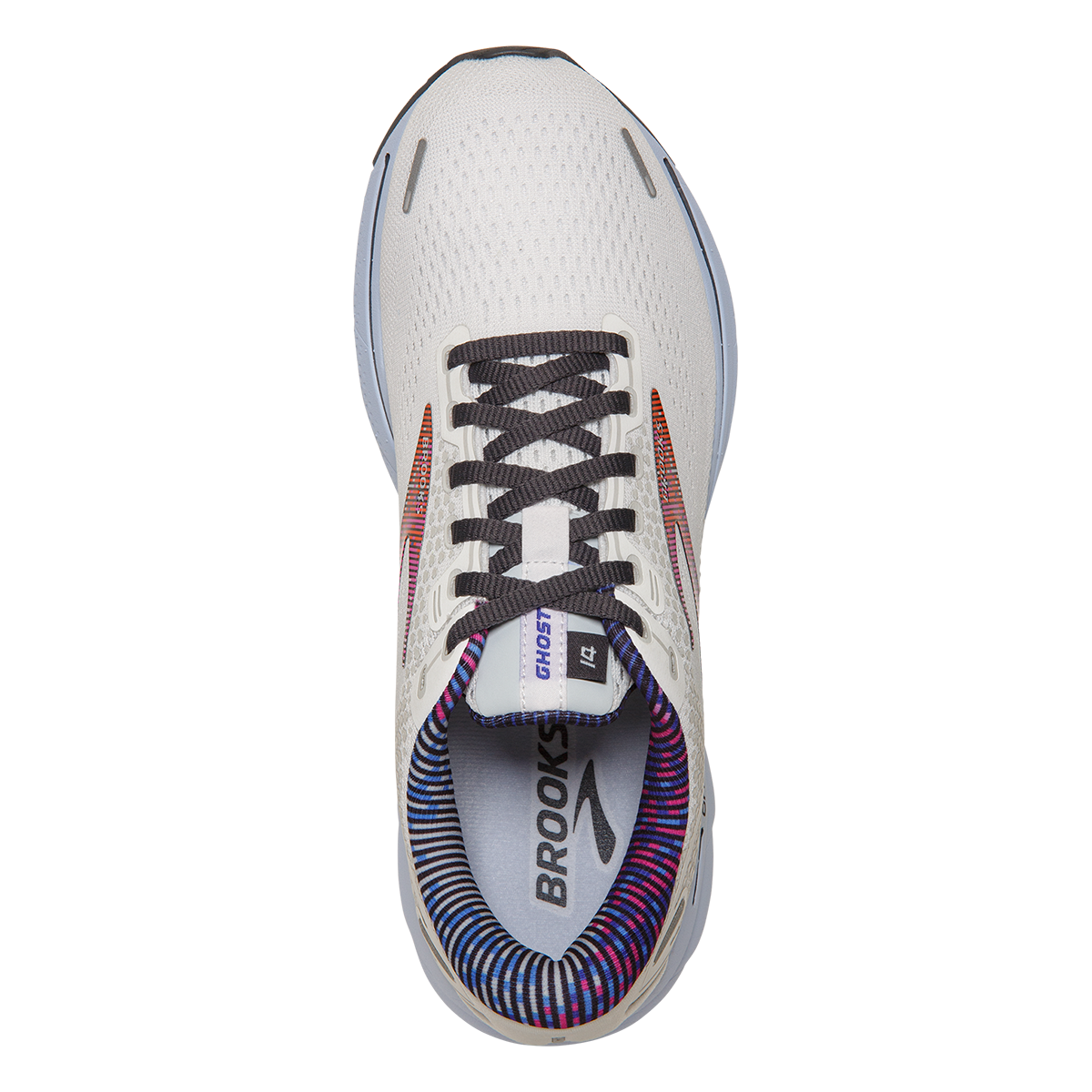Brooks Ghost 14 Pixel — White - Heather - Ebony — Size B — Width 11 — Back View