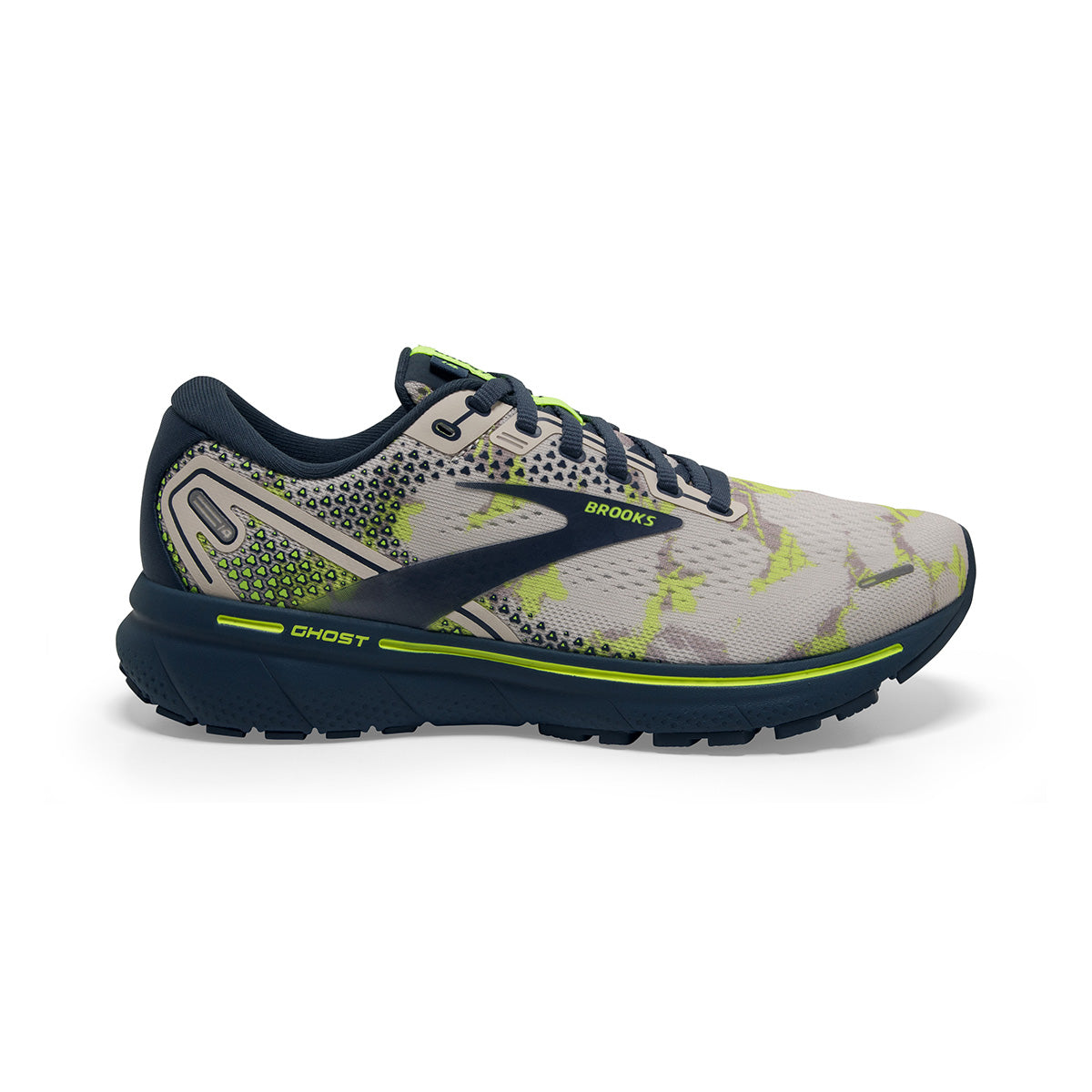 Brooks Ghost 14 Camo — White - Grey - Black — Size B — Width 10.5 — Front View
