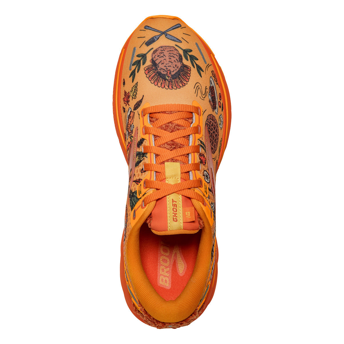 Brooks Ghost 14 Trot Happy — Citrus - Gold Flame - Orangeade — Size B — Width 10.5 — Back View