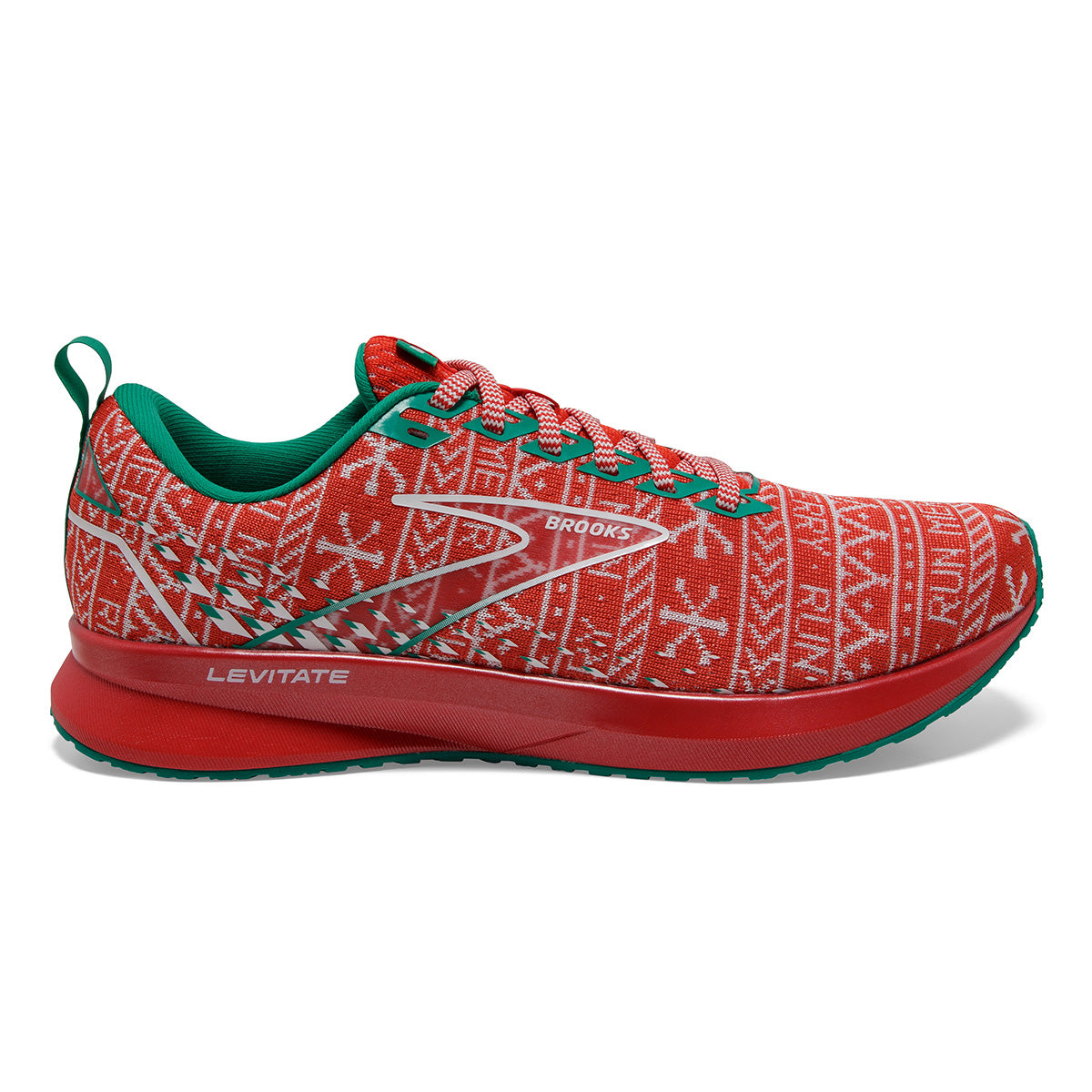 Brooks Levitate 5 Run Merry — Red - White - Green — Size B — Width 10.5 — Front View