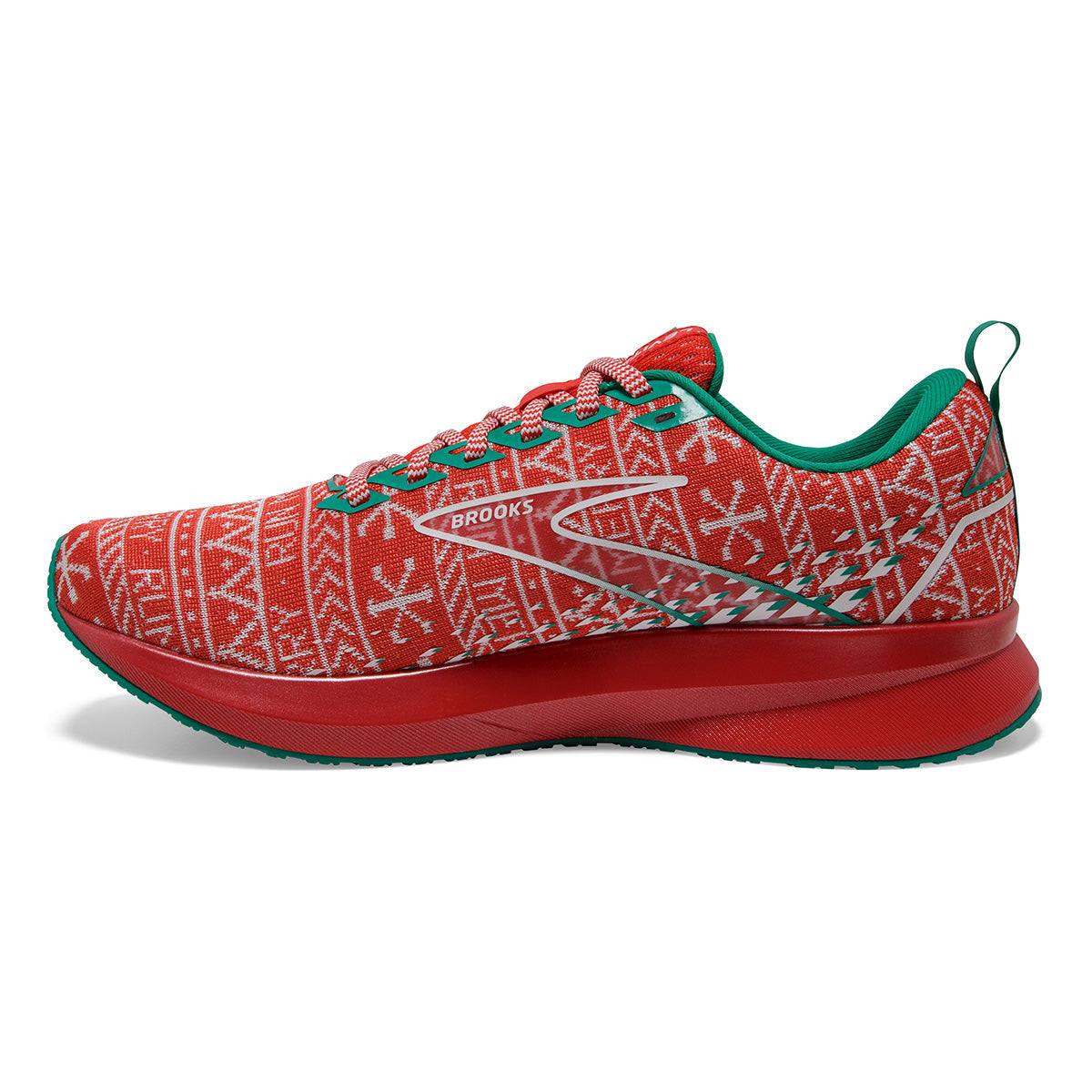 Brooks Levitate 5 Run Merry — Red - White - Green — Size B — Width 10.5 — Side View