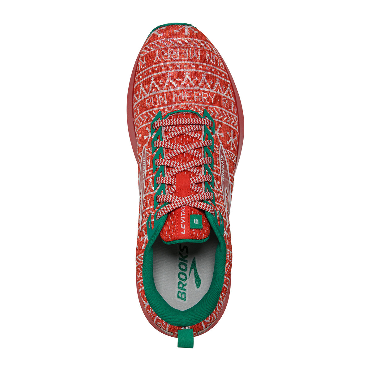 Brooks Levitate 5 Run Merry — Red - White - Green — Size B — Width 10.5 — Back View