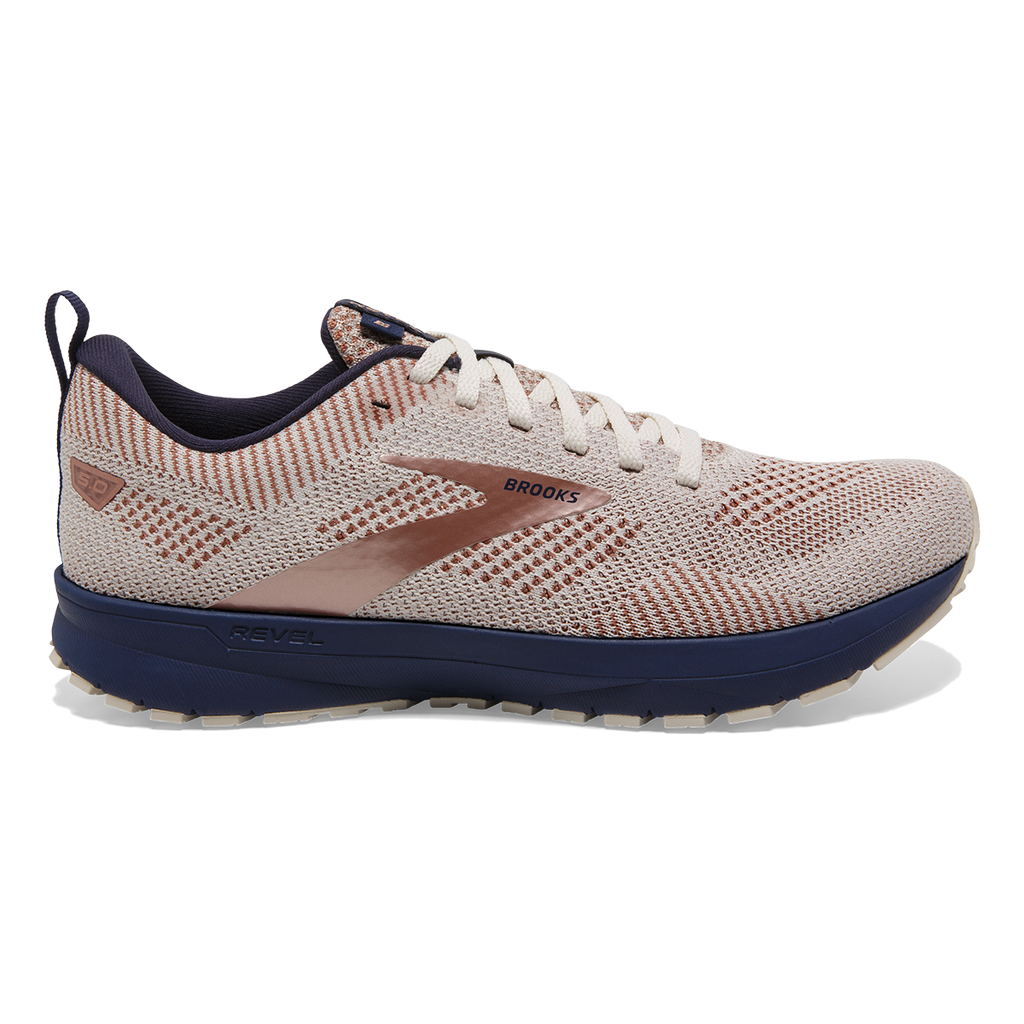 Brooks Revel 5 Metallic — Whisper White - Navy - Copper — Size B — Width 11 — Detail View