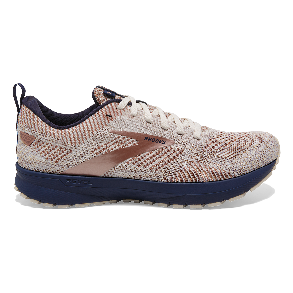 Brooks Revel 5 Metallic — Whisper White - Navy - Copper — Size B — Width 11 — Detail View