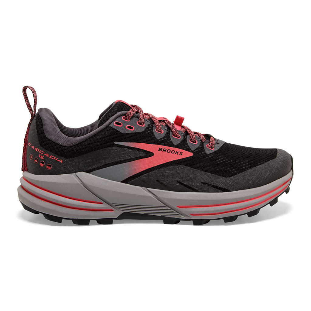 Brooks Cascadia 16 GTX — Black - Blackened Pearl - Coral — Size B — Width 10 — Front View