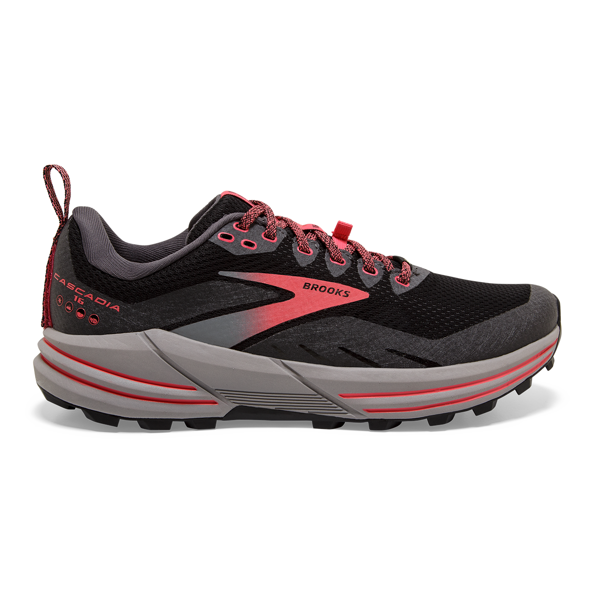 Brooks Cascadia 16 GTX — Black - Blackened Pearl - Coral — Size B — Width 10 — Front View