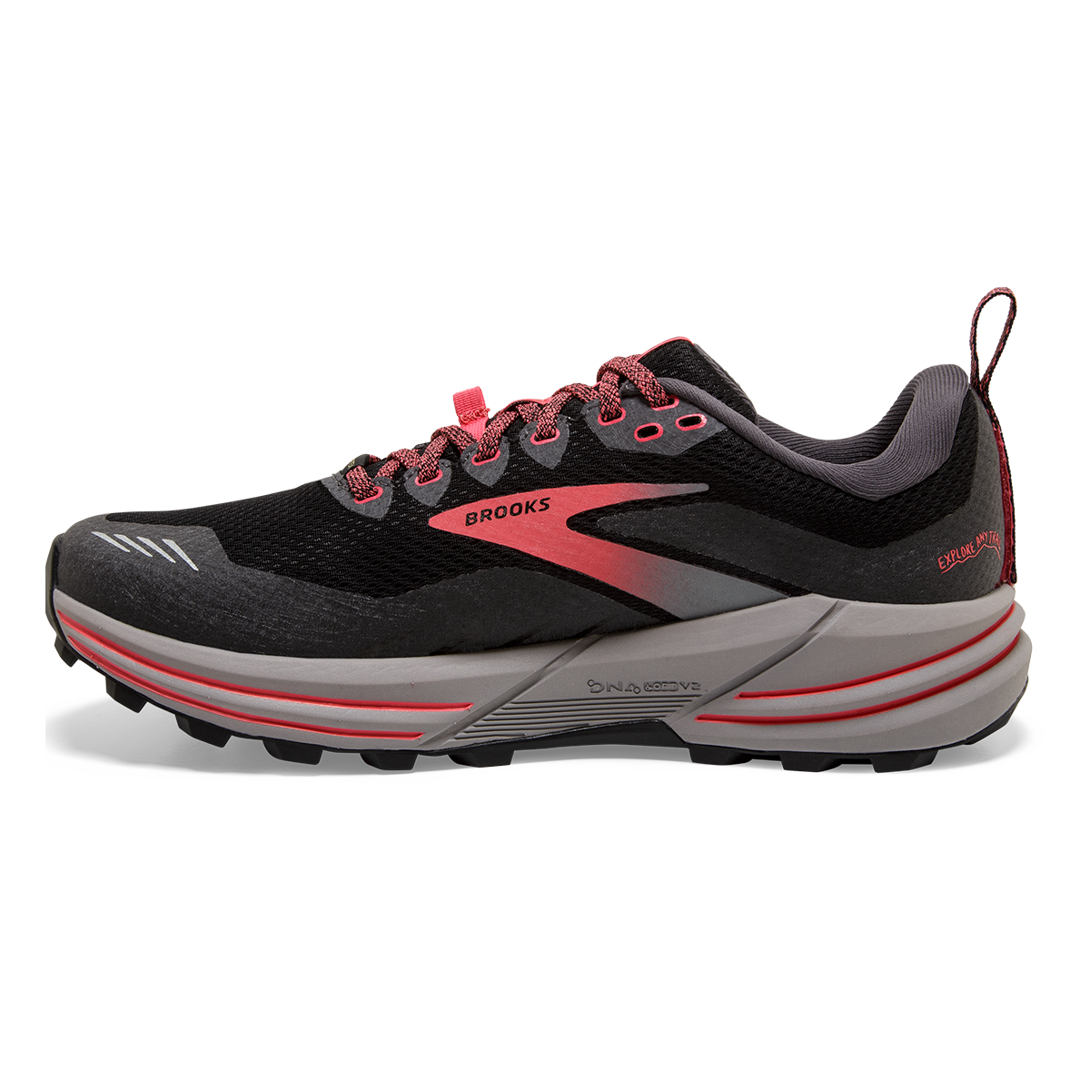 Brooks Cascadia 16 GTX — Black - Blackened Pearl - Coral — Size B — Width 10 — Side View