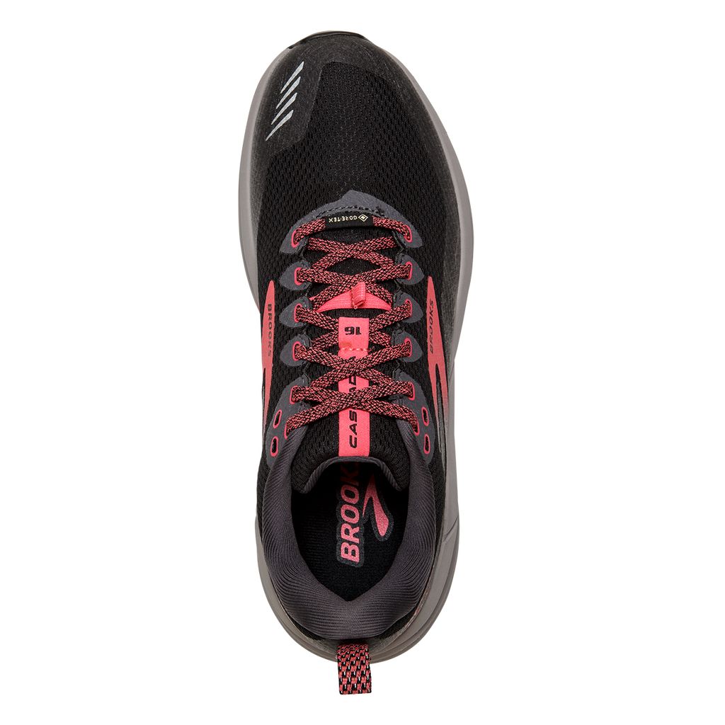 Brooks Cascadia 16 GTX — Black - Blackened Pearl - Coral — Size B — Width 10 — Back View