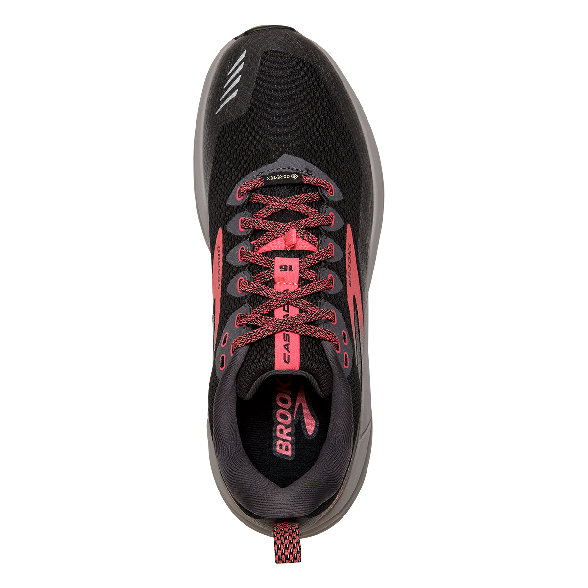 Brooks Cascadia 16 GTX — Black - Blackened Pearl - Coral — Size B — Width 10 — Back View