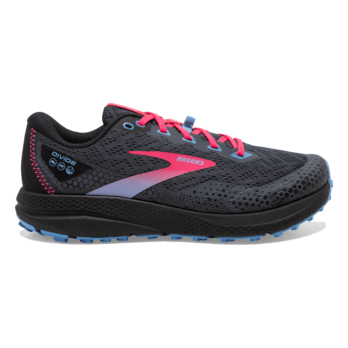Brooks Divide 3 — Ebony - Black - Diva Pink — Size B — Width 8 — Front View