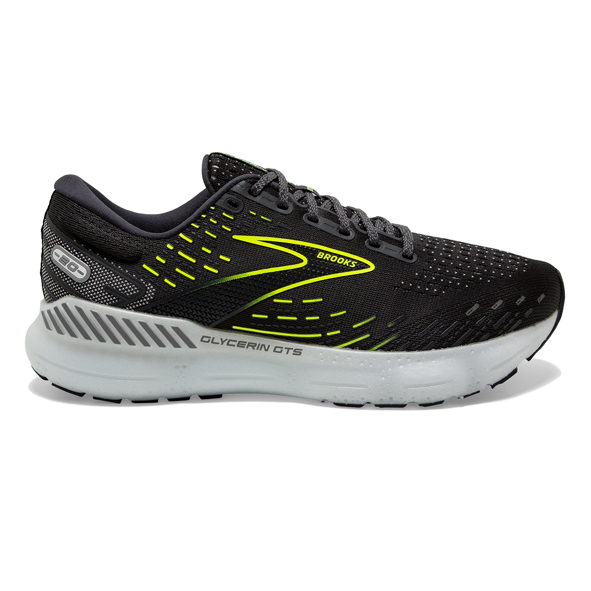 Brooks Glycerin GTS 20 Run Visible — Ebony - White - Nightlife — Size B — Width 6.5 — Detail View