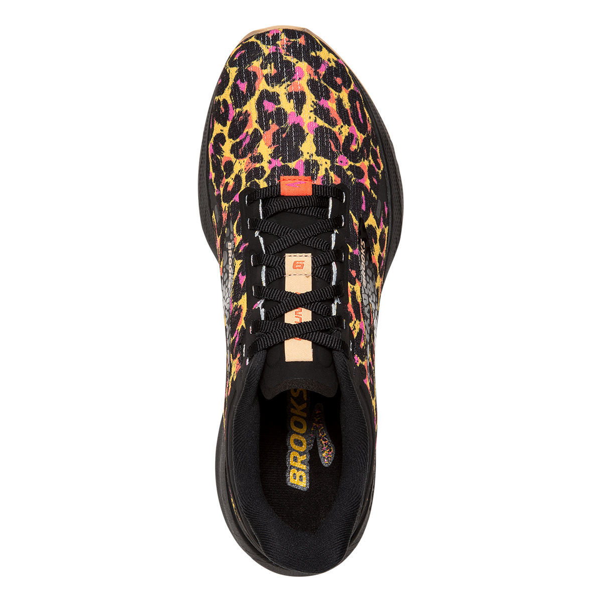 Brooks Launch 9 Folk Frenzy — Citrus - Coral - Black — Size B — Width 10.5 — Side View
