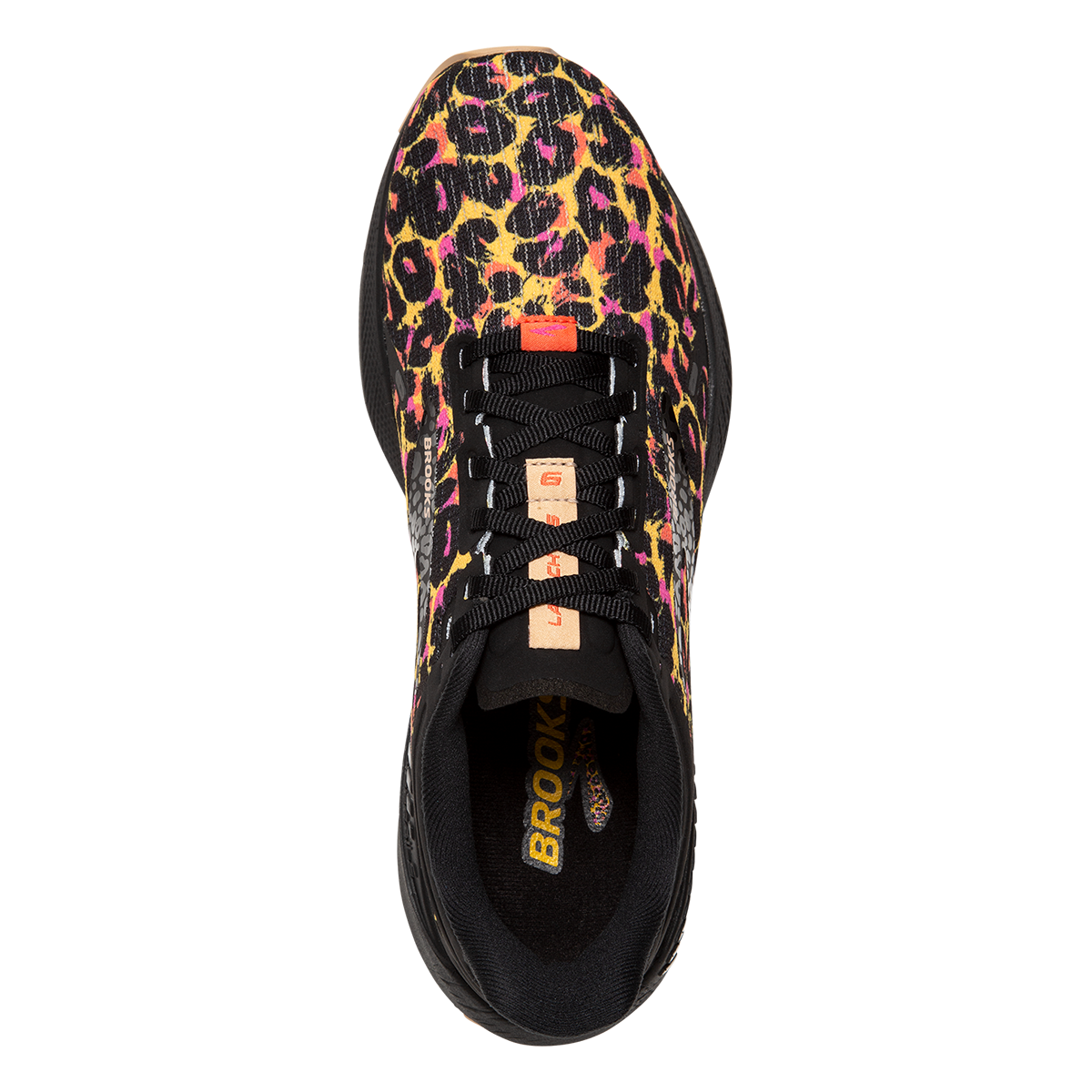 Brooks Launch GTS 9 Folk Frenzy — Citrus - Coral - Black — Size B — Width 10.5 — Back View