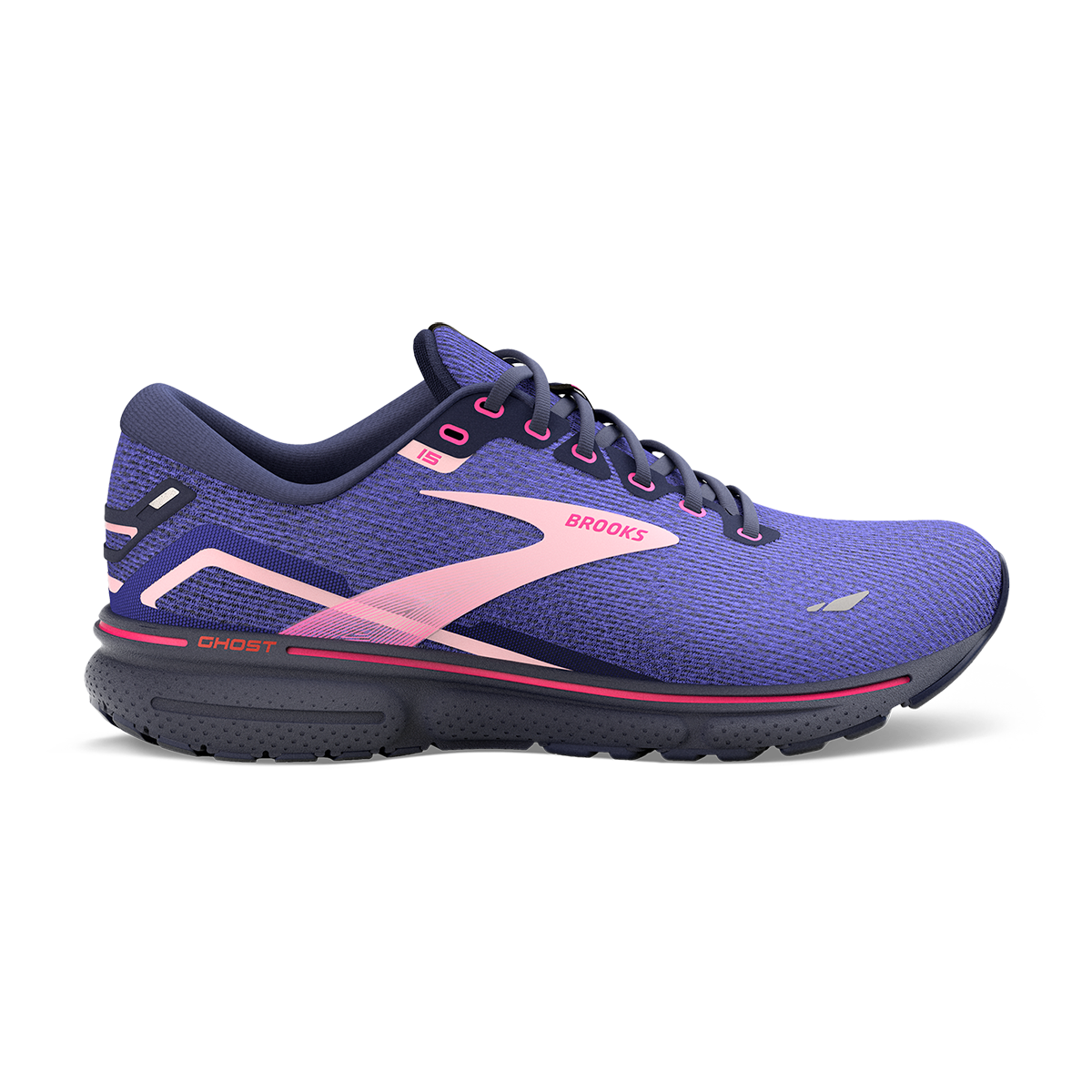 Brooks Ghost 15 Knit — Blue - Peacoat - Pink — Size B — Width 6 — Detail View