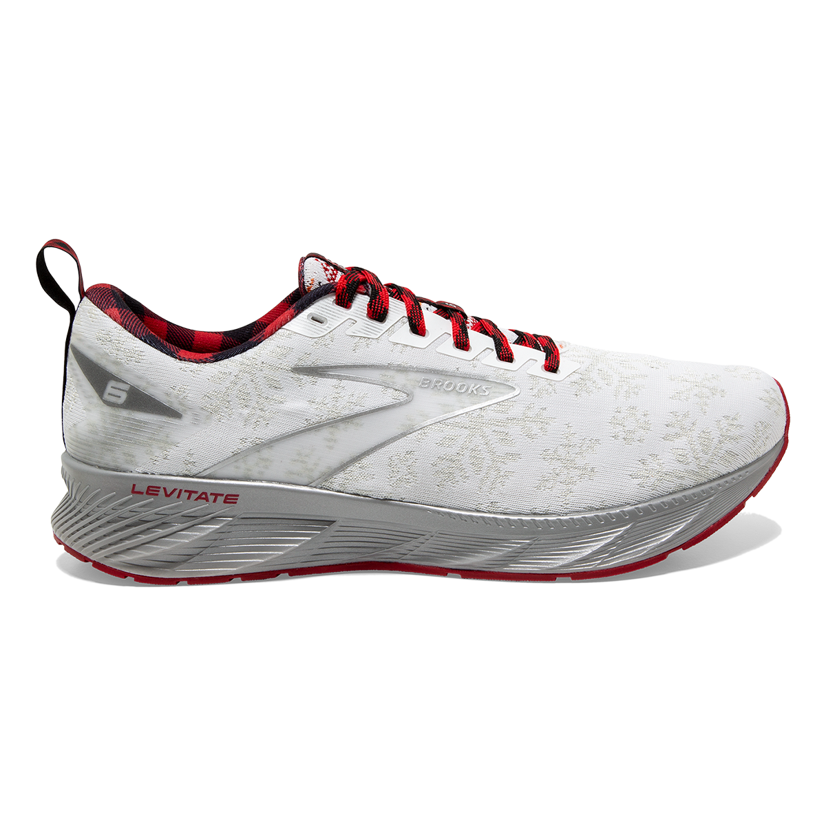 Brooks Levitate 6 Run Merry — White - Red - Silver — Size B — Width 10.5 — Front View