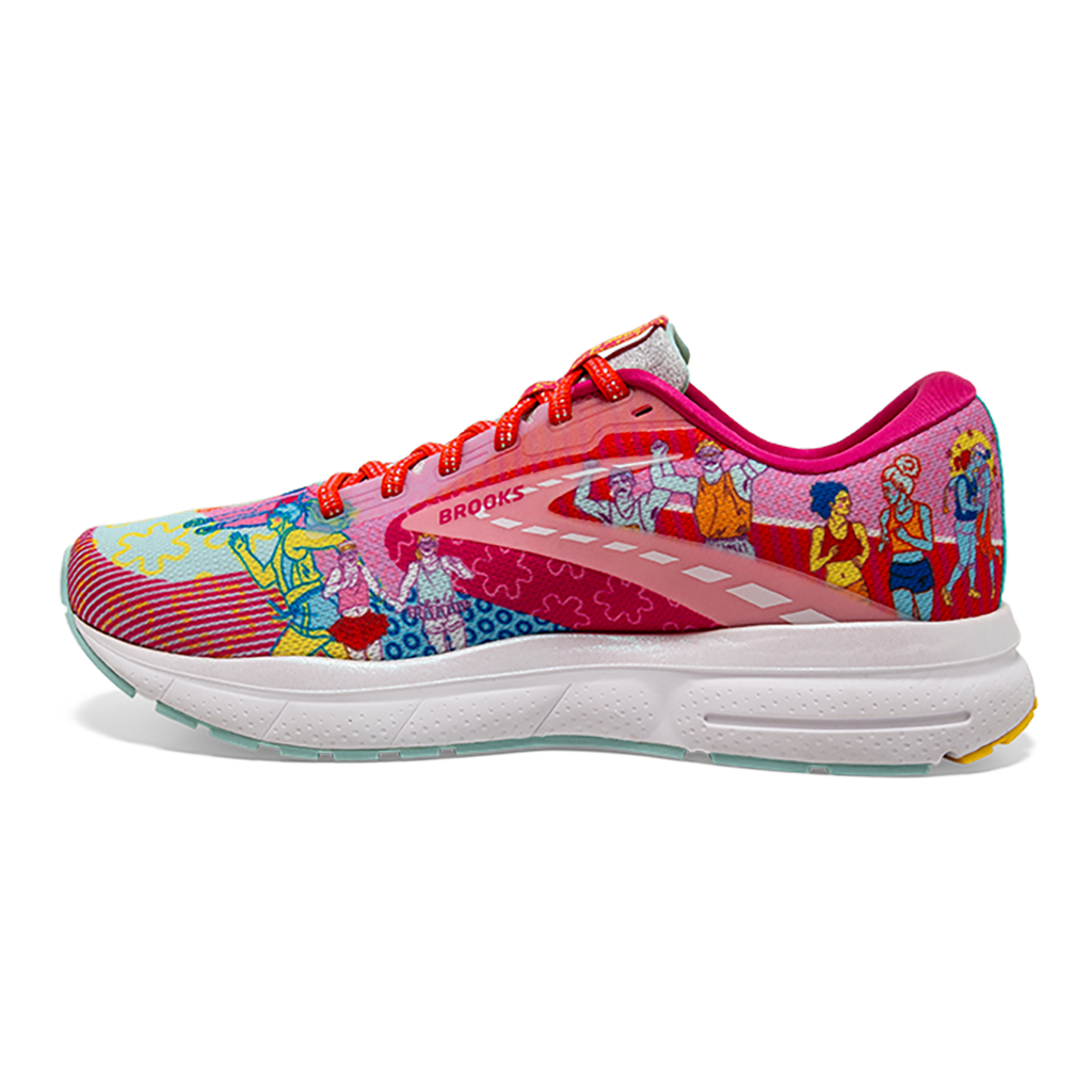 Brooks Trace 3 Run Proud — Pink - Blue - Yellow — Size B — Width 6.5 — Side View
