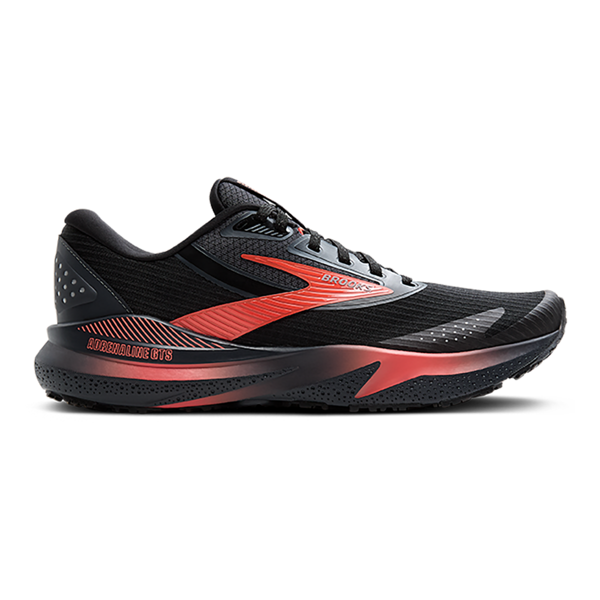 Brooks Adrenaline GTS 24 Weatherized — Black - Ebony - Hot Coral — Size B — Width 6.5 — Front View