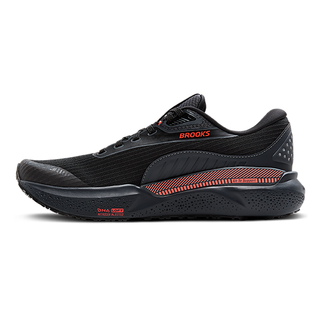 Brooks Adrenaline GTS 24 Weatherized — Black - Ebony - Hot Coral — Size B — Width 6.5 — Side View