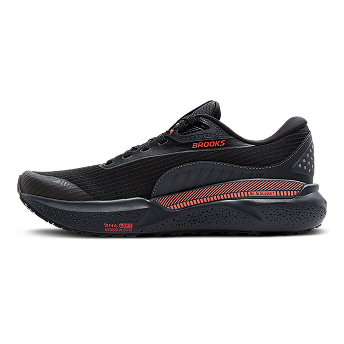 Brooks Adrenaline GTS 24 Weatherized — Black - Ebony - Hot Coral — Size B — Width 6.5 — Side View