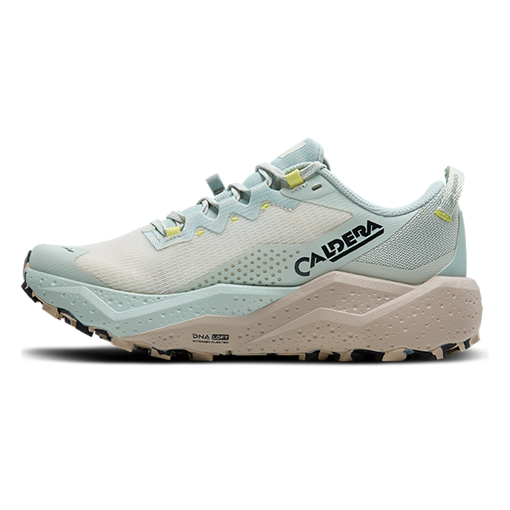 Brooks Caldera 8 — Bit of Blue - Quince - Flame — Size B — Width 7.5 — Side View