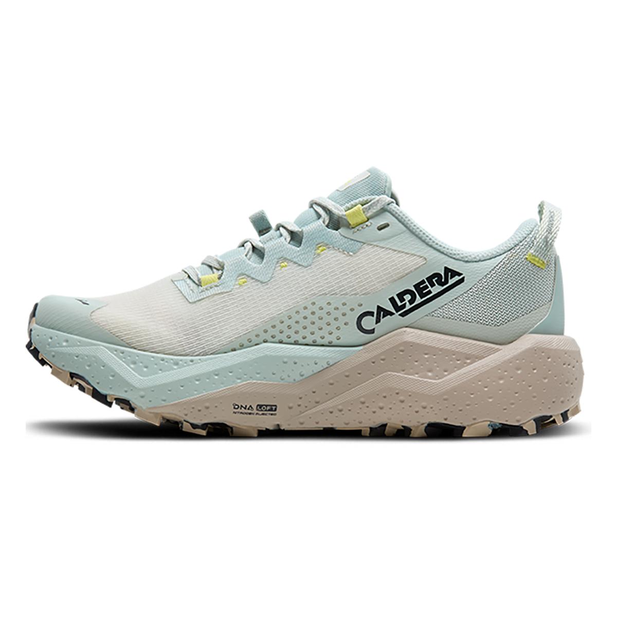Brooks Caldera 8 — Bit of Blue - Quince - Flame — Size B — Width 7.5 — Side View