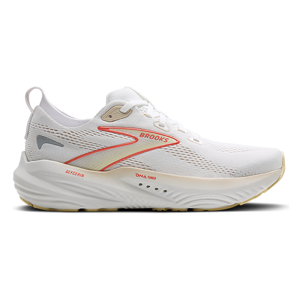 Brooks Glycerin 22 White - Almond Peach - Hot Coral — White - Almond Peach - Hot Coral — Size B — Width 5 — Front View