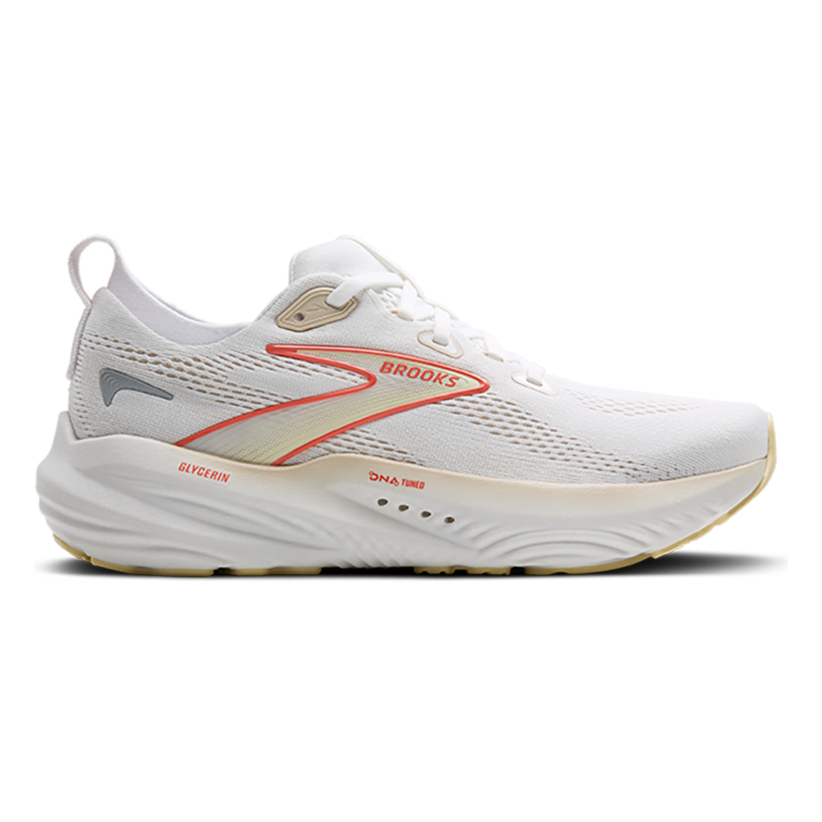 Brooks Glycerin 22 White - Almond Peach - Hot Coral — White - Almond Peach - Hot Coral — Size B — Width 5 — Front View