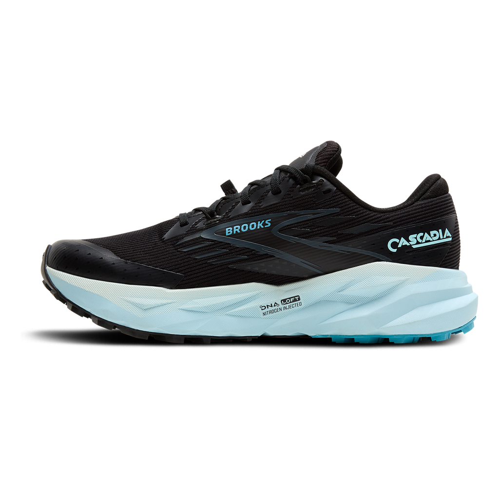 Brooks Cascadia 19 GTX — Black - Ebony - Blue Flower — Size B — Width 7 — Side View