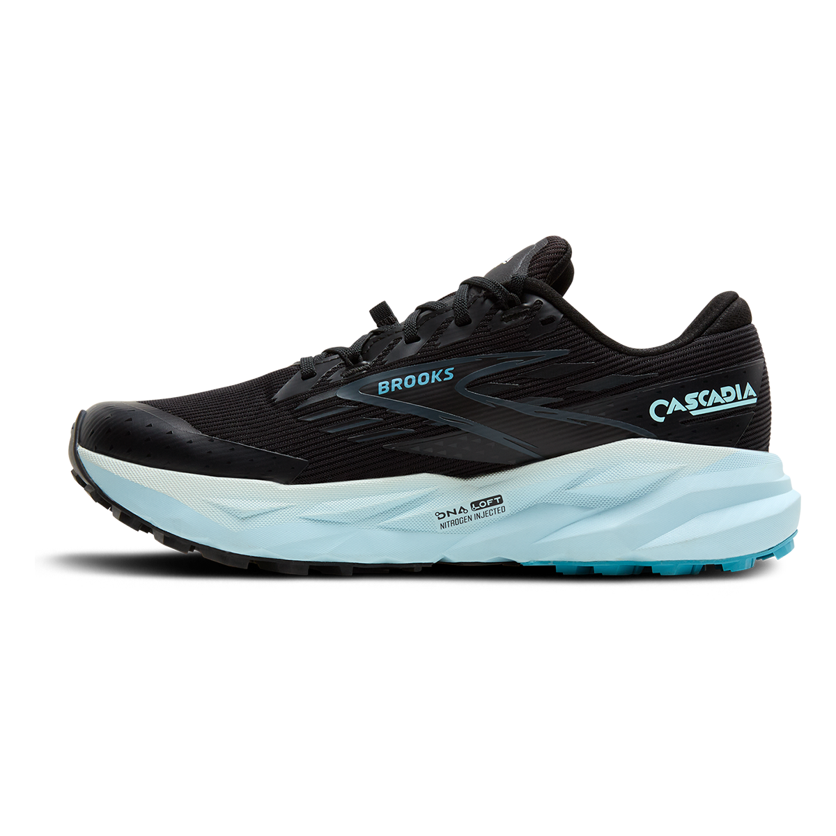 Brooks Cascadia 19 GTX — Black - Ebony - Blue Flower — Size B — Width 7 — Side View