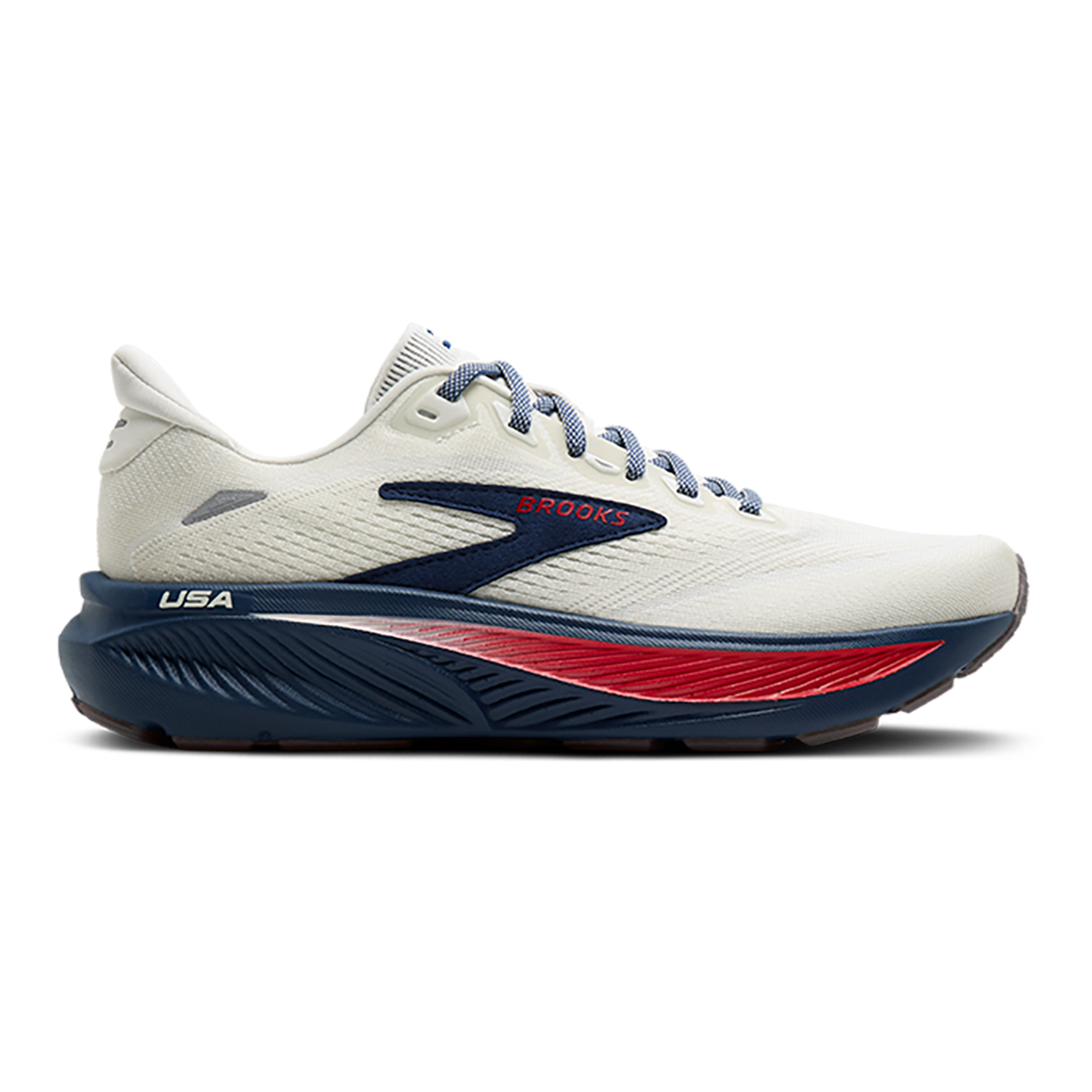 Brooks Ghost 18 USA — Coconut - Red - Blue — Size B — Width 7 — Front View