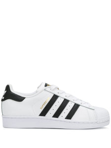 adidas Superstar White/Black/Gold Sneakers — Black/White — Size US M 9.5 - US W 11 — Front View