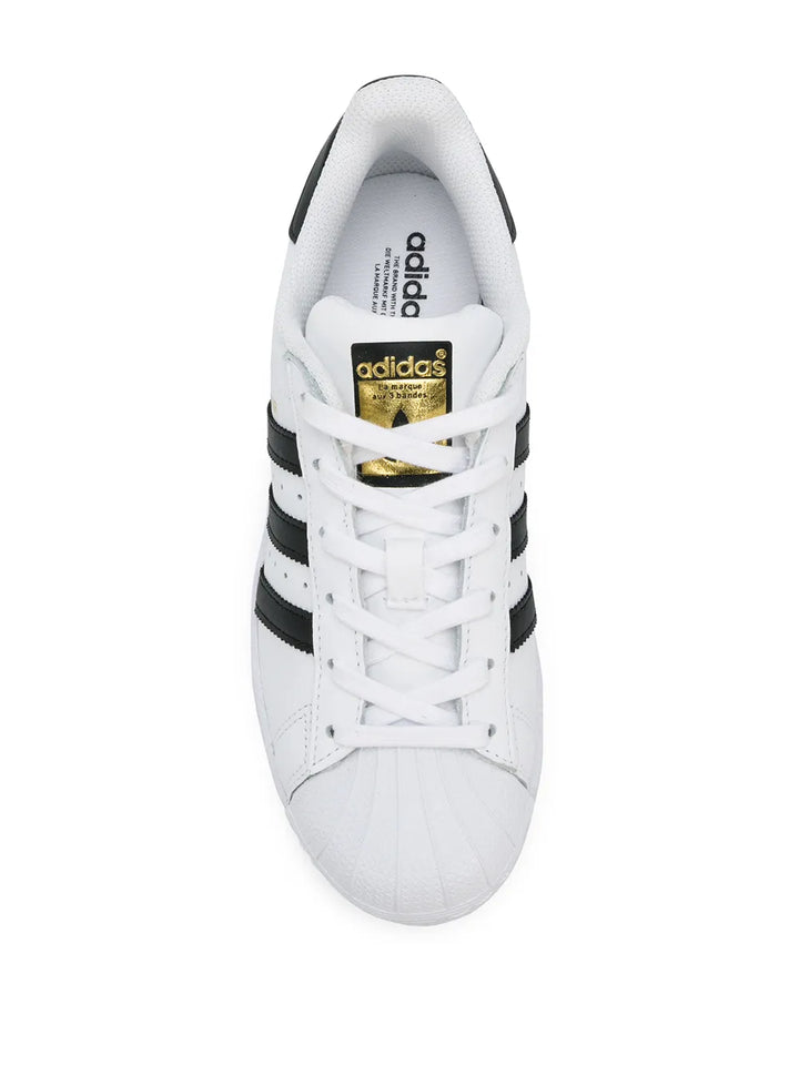 adidas Superstar White/Black/Gold Sneakers — Black/White — Size US M 9.5 - US W 11 — Top View