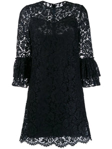 Valentino Garavani Flared Floral Lace Mini Dress — Tan/ Blue/ Red — Size XS — Front View