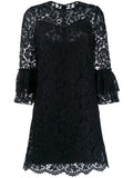 Valentino Garavani Flared Floral Lace Mini Dress — Tan/ Blue/ Red — Size XS — Front View