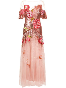 Temperley London Floral Embroidered Sequin Tulle Gown — Red/ Pink — Size XS — Front View