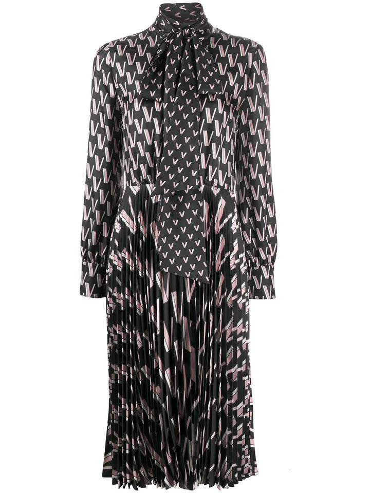 Valentino Garavani Double Vlogo Pussy Bow Dress — Black/ White/ Pink — Size XS — Front View