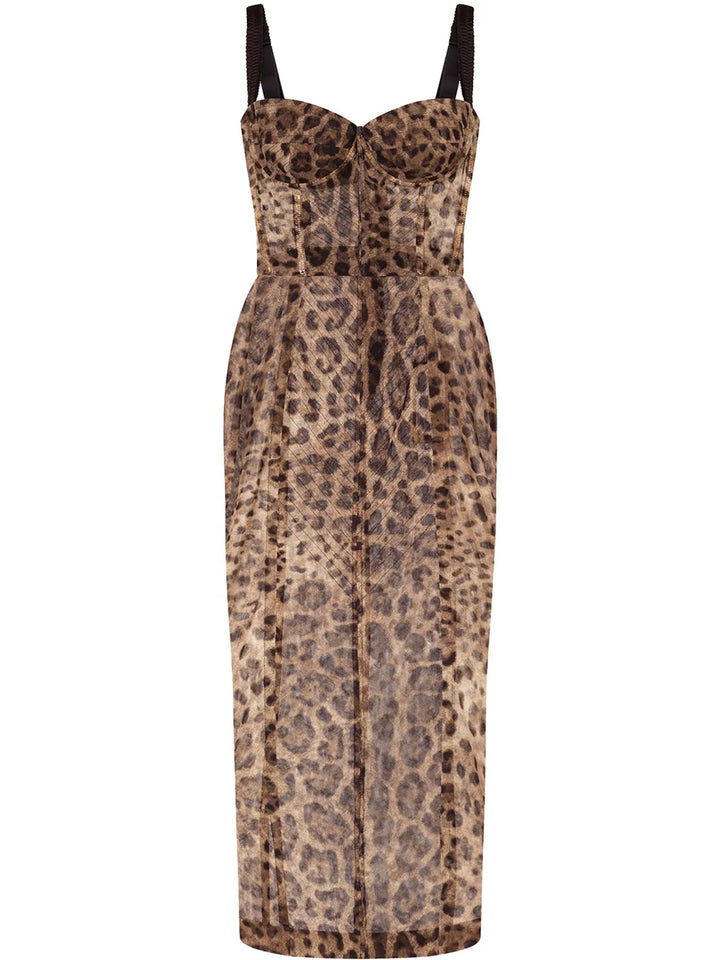 Dolce Gabbana Leopard Print Bustier Midi Dress — Brown — Size XS — Front View