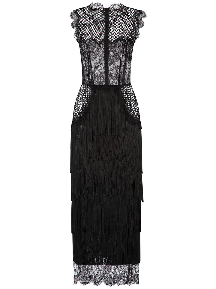 Dolce Gabbana Fringe Detail Lace Sheath Dress — Black — Size XS — Front View