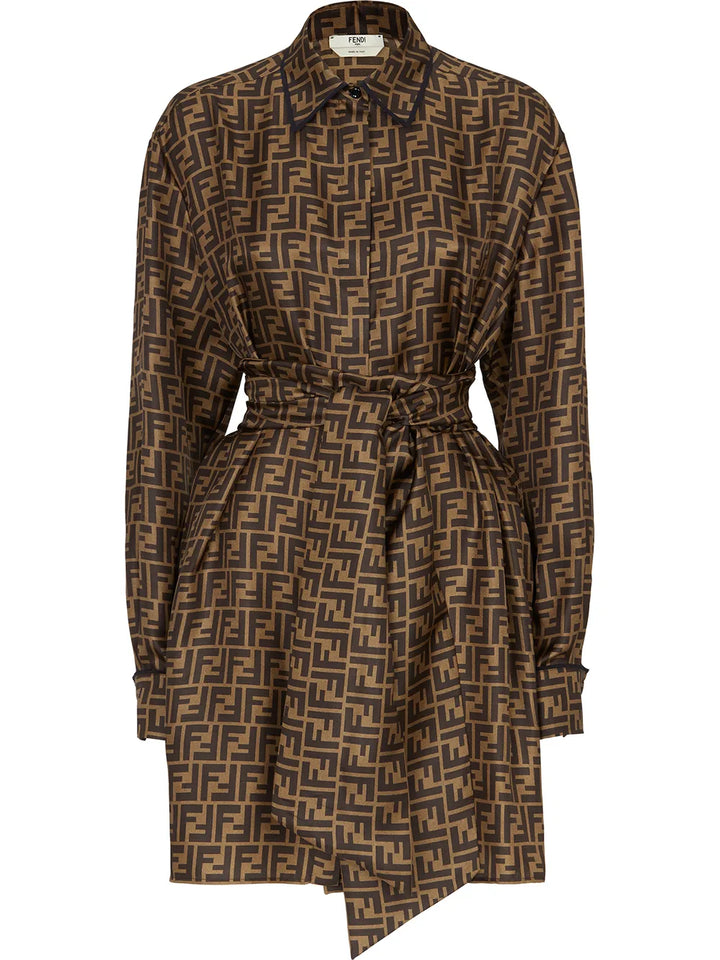 Fendi Ff Print Shirtdress — Brown — Size XS — Front View