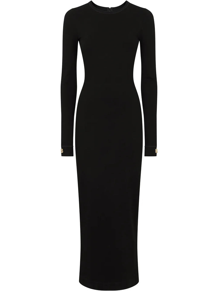 Dolce Gabbana Logo Applique Long Sleeve Midi Dress — Black/ Gold — Size S — Front View