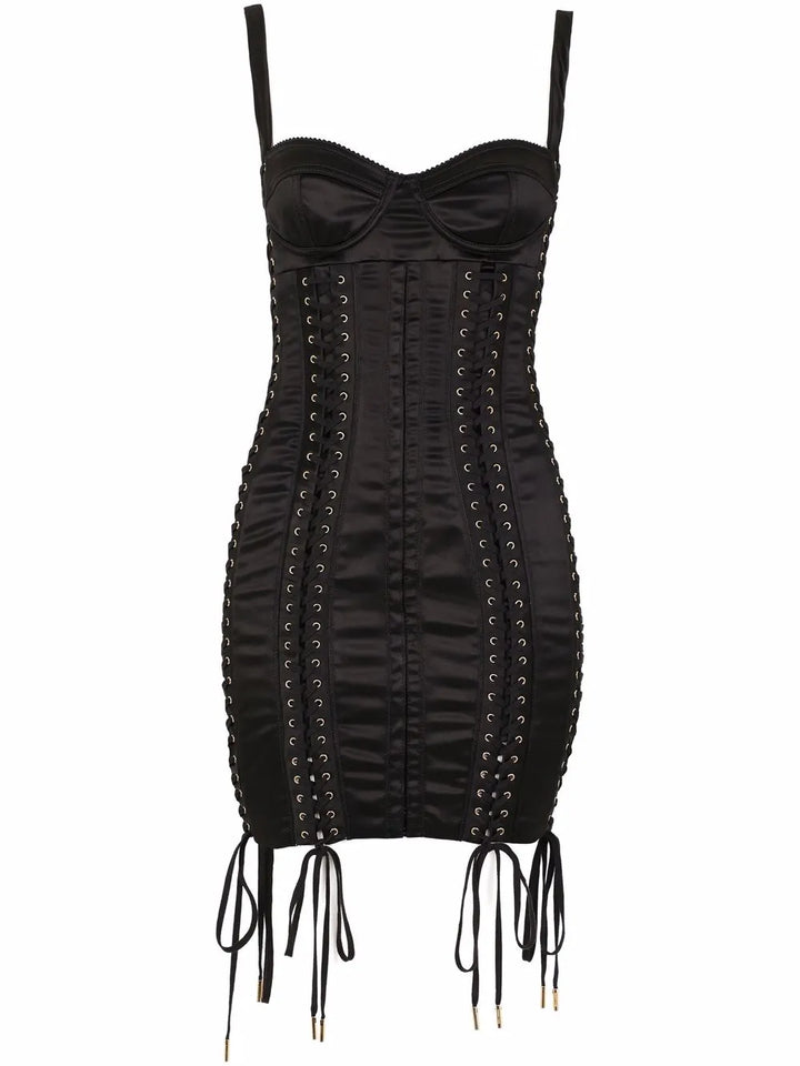 Dolce Gabbana Lace Up Satin Minidress — Black — Size XS — Front View