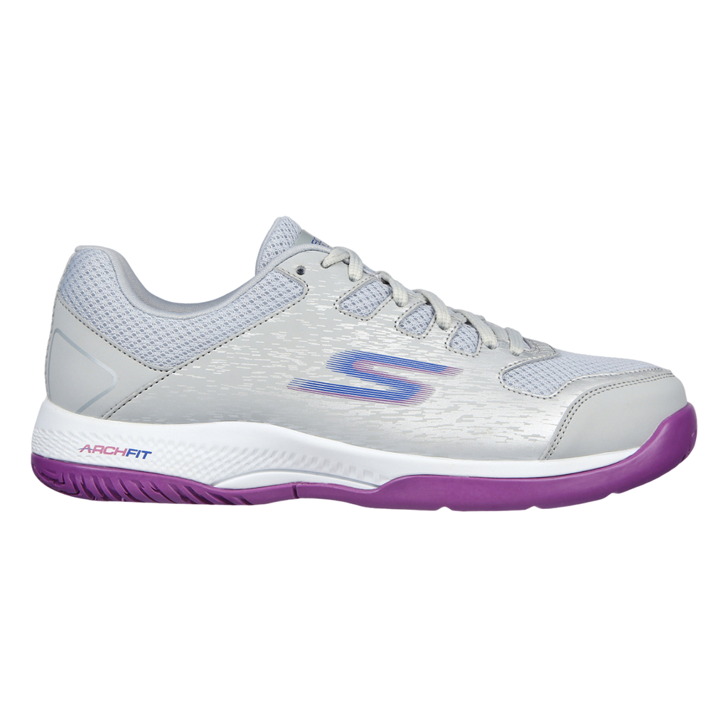 Skechers Viper Court — Grey - Purple — Size B — Width 6.5 — Front View