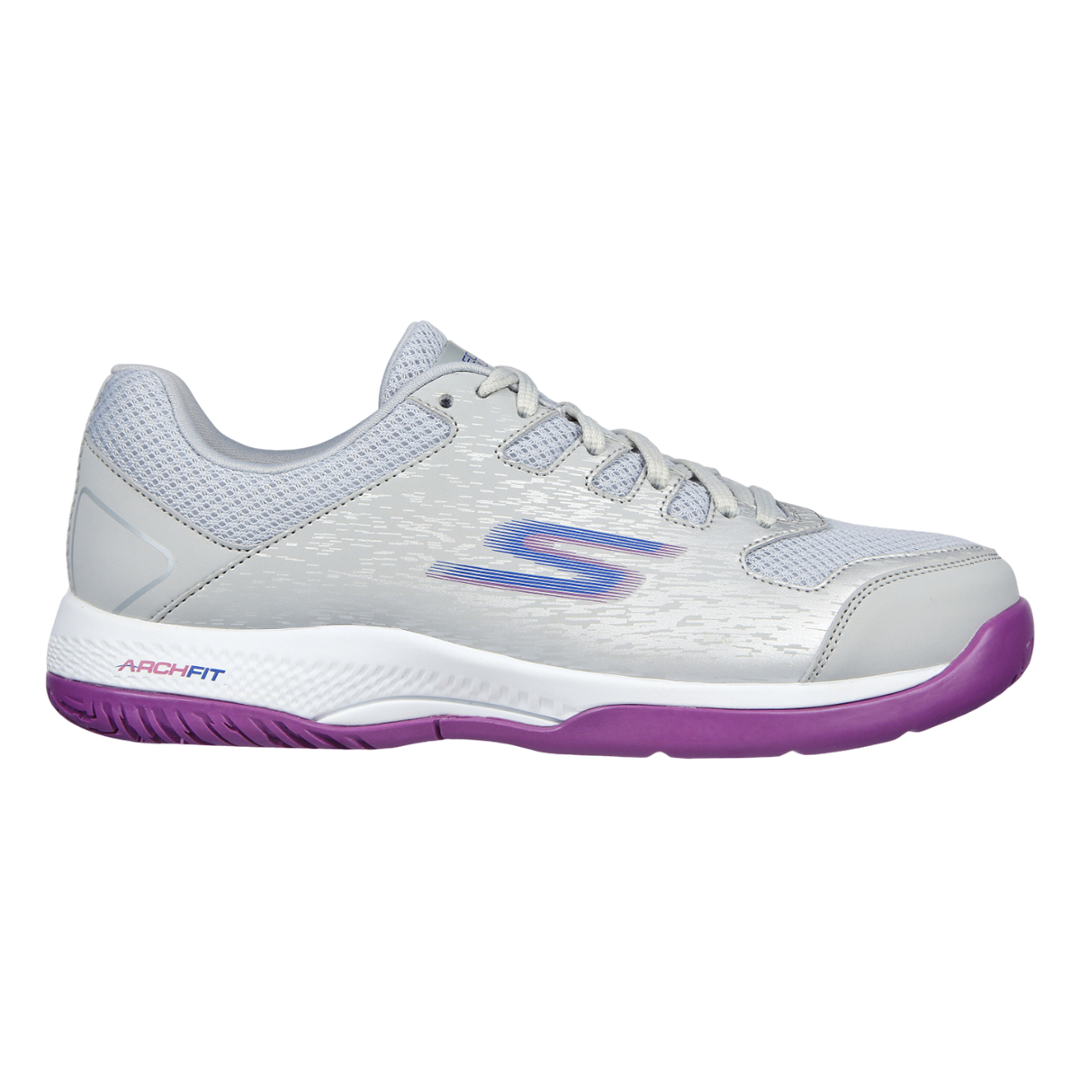 Skechers Viper Court — Grey - Purple — Size B — Width 6.5 — Front View
