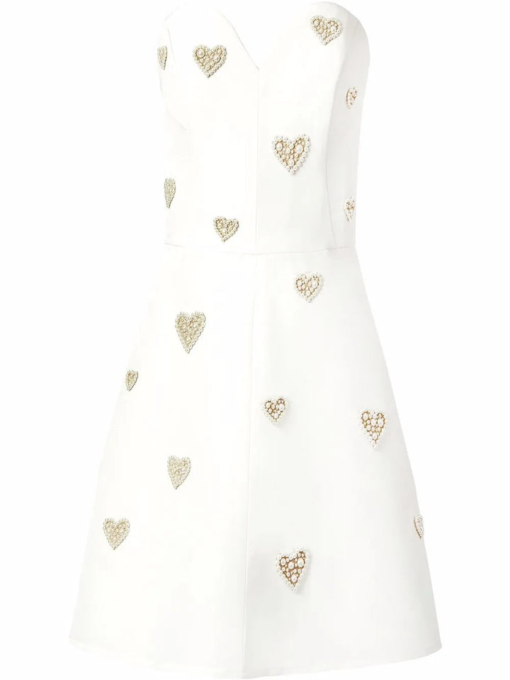 Carolina Herrera Pearl Embellished Strapless Silk Dress — White/ Red — Size S — Front View