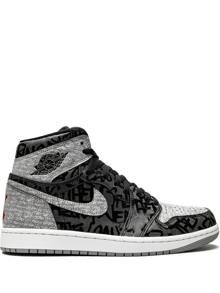Air Jordan 1 High Rebellionaire Sneakers — Black/Grey/White — Size US M 8.5 - US W 10 — Front View