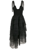 Olympiah Mesh Tiered Bodice Midi Dress — Black/ Red — Size XS — Front View