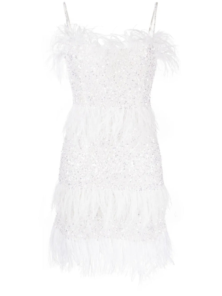 Rachel Gilbert Frenchy Sequin Embellished Feather Minidress — White — Size XS — Front View