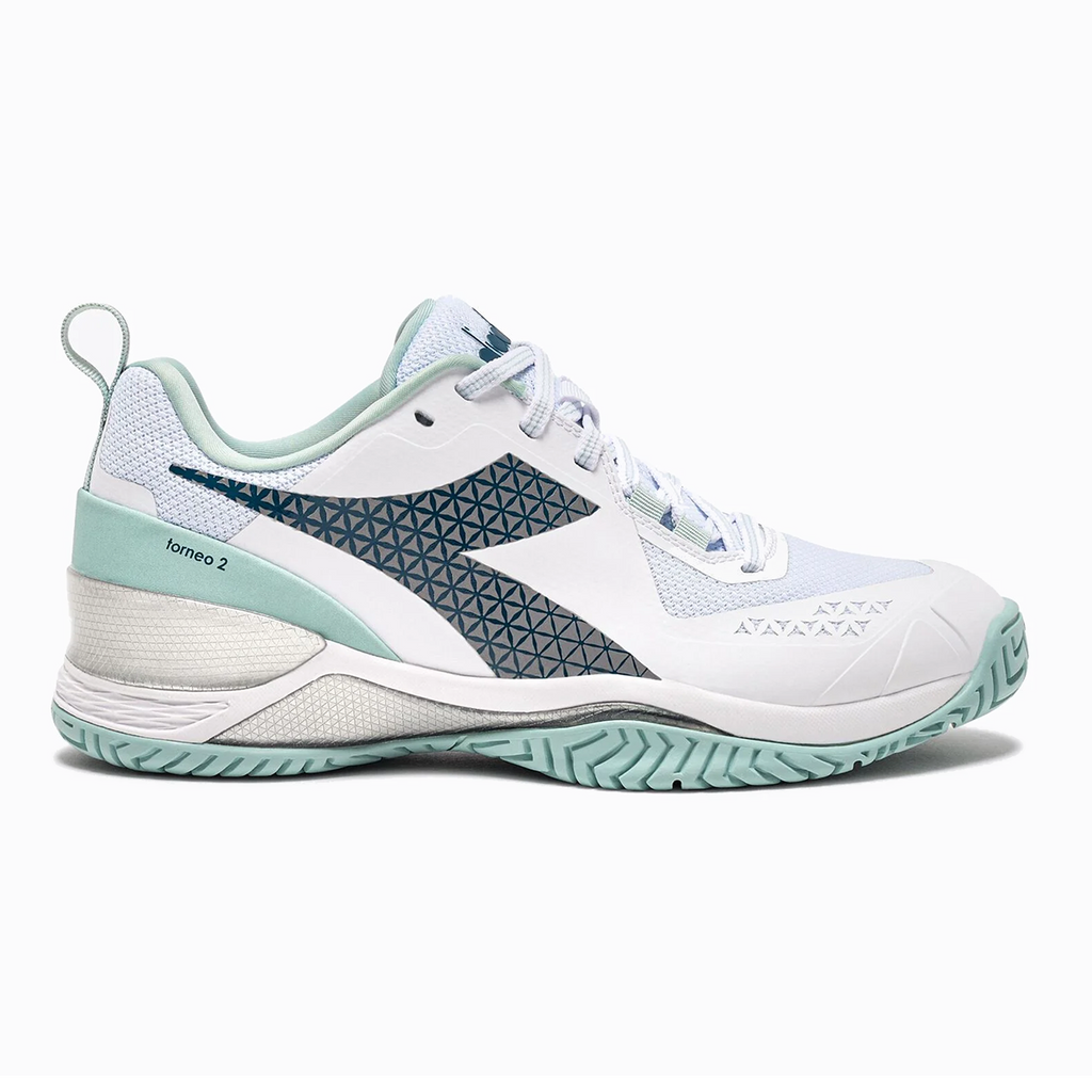 Diadora Blushield Torneo 2 AG — White - Legion Blue - Surf Spray — Size B — Width 6 — Front View